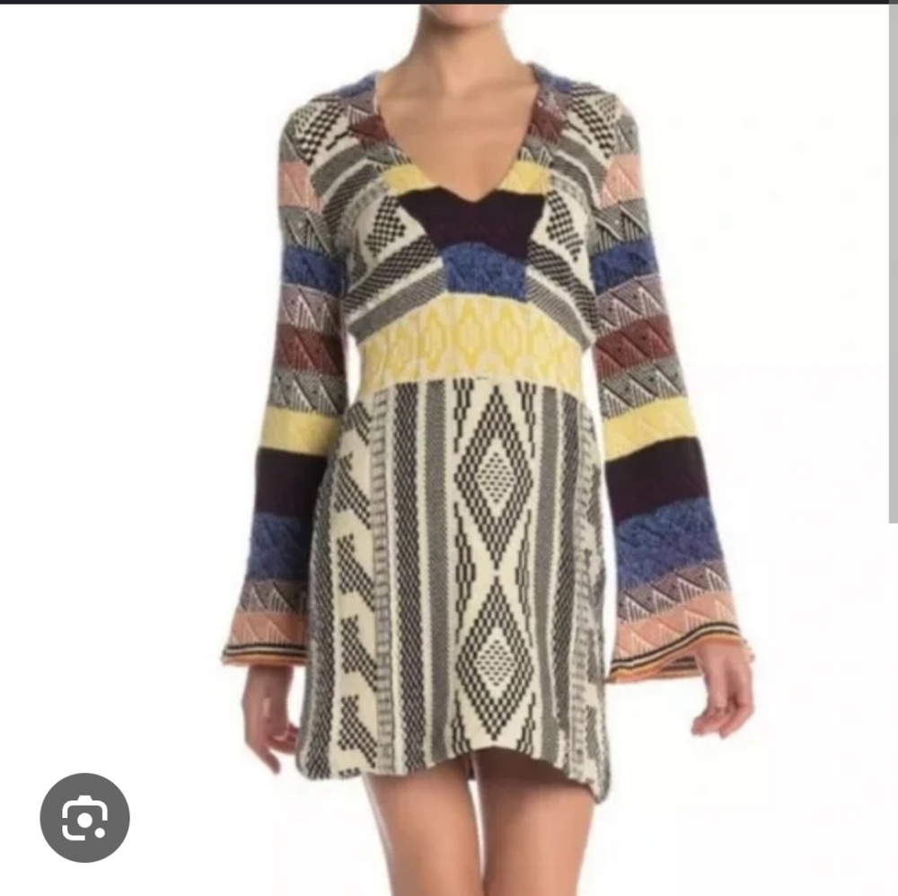 Free People Patchwork Boho Sweater Dress Bell Sleeve‎ 70s Knit Aztec Size Small